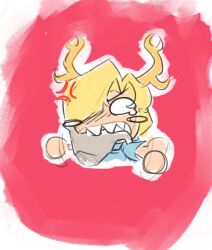 Rule 34 | 1girl, angry, aronnecroman, biting, blonde hair, blue shirt, blush, disembodied hand, dragon girl, dragon horns, dragon tail, horns, kicchou yachie, red background, red eyes, shirt, tail, tears, teeth, touhou, waving arms