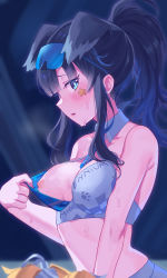 Rule 34 | 1girl, animal ears, bare shoulders, black hair, blue archive, blue eyes, blush, breasts, cheerleader, clothes pull, crop top, dog ears, dog girl, eyewear on head, flashing, from side, halo, hibiki (blue archive), hibiki (cheer squad) (blue archive), highres, holding, holding pom poms, long hair, looking at viewer, medium breasts, midriff, millennium cheerleader outfit (blue archive), nipples, no bra, one breast out, pom pom (cheerleading), pom poms, pulled by self, shirokome, solo, sticker on face, sweat, tail