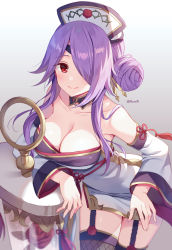 Rule 34 | 1girl, bare shoulders, breasts, cleavage, closed mouth, commentary request, detached collar, detached sleeves, dress, fishnet thighhighs, fishnets, flower, garter straps, gradient background, grey background, hair bun, hair over one eye, large breasts, long sleeves, looking at viewer, mauve, mitsuki (oedo) (princess connect!), mitsuki (princess connect!), princess connect!, purple hair, red eyes, red flower, red rose, rose, side bun, single hair bun, single side bun, smile, solo, thighhighs, white background, white dress, white headwear, white sleeves, wide sleeves