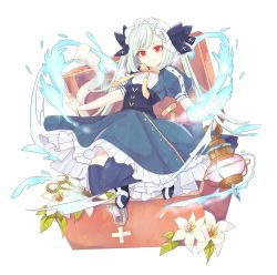 Rule 34 | 1girl, bandaid, blue dress, blue thighhighs, bow, dress, first aid kit, flower, full body, gauze, hachimitsu monte, hair bow, hat, holding, holding lantern, lantern, lily (flower), long hair, looking at viewer, original, red eyes, scissors, solo, thighhighs, twintails, very long hair, water, white hair, white hat