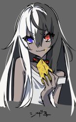 Rule 34 | 1girl, absurdres, bad id, bad twitter id, black nails, blue eyes, cheese, closed mouth, collar, commentary request, dark-skinned female, dark skin, eating, food, grey background, grey hair, hair between eyes, hand up, highres, holding, long hair, looking at viewer, multicolored hair, nail polish, off shoulder, original, red eyes, samei ikusa, shirt, simple background, solo, two-tone hair, upper body, white hair, white shirt