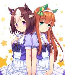 Rule 34 | 2girls, animal ears, back-to-back, blouse, blunt bangs, blush, bow, bowtie, braid, brown hair, closed mouth, collarbone, ear covers, eyes visible through hair, french braid, green eyes, hair bow, hairband, half-closed eyes, hand on own chest, hand up, head tilt, high-waist skirt, highres, horse ears, horse girl, long hair, looking at viewer, looking to the side, multicolored hair, multiple girls, orange hair, pleated skirt, puffy short sleeves, puffy sleeves, purple bow, purple bowtie, purple eyes, purple shirt, school uniform, shirt, short hair, short sleeves, sidelocks, silence suzuka (umamusume), sitting, skirt, smile, special week (umamusume), star (symbol), starry background, straight hair, tareme, tomo (tmtm mf mf), two-tone hair, umamusume, white background, white hair, white hairband, white skirt