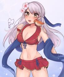 Rule 34 | 1girl, :d, bare shoulders, bikini, bikini skirt, blush, breasts, brown eyes, cleavage, commentary, cowboy shot, fire emblem, fire emblem: radiant dawn, flower, grey hair, hair flower, hair ornament, highres, large breasts, long hair, looking at viewer, micaiah (fire emblem), navel, nintendo, open mouth, pink flower, purrlucii, red bikini, red skirt, shawl, skirt, smile, standing, stomach, swimsuit, thighs, very long hair, yune (fire emblem)