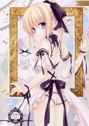 Rule 34 | 1girl, 2009, absurdres, ahoge, artoria pendragon (all), artoria pendragon (fate), ass, back, back bow, back cutout, black bow, black ribbon, blonde hair, blue eyes, bow, character name, clothing cutout, dated, detached sleeves, dress, expressionless, fate/stay night, fate (series), fingernails, frilled panties, frilled ribbon, frilled sleeves, frills, from behind, hair bow, hair bun, highres, light blush, long hair, looking at viewer, looking back, panties, parted lips, ribbon, saber (fate), saber lily, short sleeves, sidelocks, sleeveless, sleeveless dress, solo, standing, tatekawa mako, underwear, white dress, white panties, white wrist cuffs, wrist cuffs