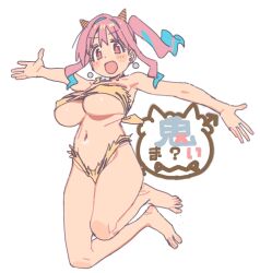 Rule 34 | 1girl, :d, animal print, bare arms, bare legs, bare shoulders, barefoot, blue hair, breasts, commentary, cone horns, earrings, feet, full body, highres, horns, hozuki kaede, imamura ryou, jewelry, large breasts, legs, long hair, looking at viewer, multicolored hair, navel, necklace, onii-chan wa oshimai!, open mouth, outstretched arms, pink hair, red eyes, side ponytail, sidelocks, simple background, smile, solo, spread arms, strapless, tiger print, translated, tube top, two-tone hair, underboob, white background