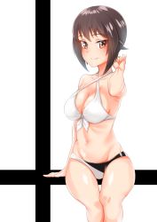 Rule 34 | 0:00, 1girl, arm support, bikini, blush, breasts, brown eyes, brown hair, cleavage, closed mouth, collarbone, commentary, front-tie bikini top, front-tie top, girls und panzer, groin, hand in own hair, highres, invisible chair, light blush, looking at viewer, medium breasts, navel, nishizumi maho, short hair, sitting, smile, solo, swimsuit, thigh gap, thighs, white background, white bikini