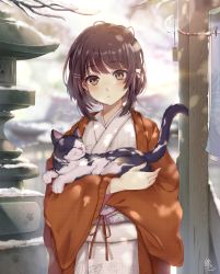 Rule 34 | 1girl, absurdres, animal, blush, bow, braid, brown eyes, brown hair, cat, cowboy shot, day, hair bow, hair ornament, hairclip, haori, highres, hisao 0111, holding, holding animal, holding cat, japanese clothes, kimono, lens flare, long sleeves, looking at viewer, marble (toy), obi, open clothes, original, outdoors, parted lips, sash, short hair, side braid, signature, snow, stone lantern, white bow, white kimono, wide sleeves, winter