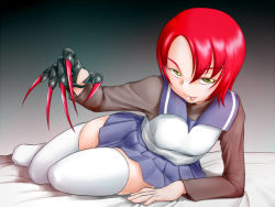 Rule 34 | 00s, 1girl, ^jj^, claws, green eyes, my-hime, on bed, pleated skirt, red hair, school uniform, skindentation, skirt, solo, thighhighs, tongue, white thighhighs, yuuki nao, zettai ryouiki