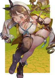 Rule 34 | 1girl, atelier (series), atelier ryza, bent over, beret, braid, breasts, brown gloves, brown hair, cleavage, collared shirt, fingerless gloves, flask, gloves, hat, highres, holding, holding flask, index finger raised, jacket, jewelry, key, key necklace, lamppost, large breasts, leaning forward, leather, leather gloves, looking at viewer, necklace, off shoulder, one eye closed, open mouth, poch4n, reisalin stout, round-bottom flask, shirt, short shorts, shorts, single thighhigh, sleeveless, sleeveless shirt, thigh strap, thighhighs, toeless footwear, vial, white headwear, white shirt, yellow jacket