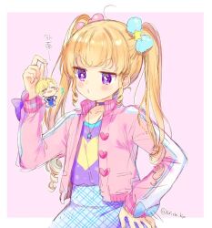 Rule 34 | 1girl, blonde hair, blue bow, blue skirt, blush stickers, bow, character charm, charm (object), choker, commentary request, hair bow, hair ornament, hand on own hip, hand up, holding, idol time pripara, jacket, jewelry, long hair, long sleeves, necklace, pink background, pink bow, pink jacket, pretty series, pripara, purple choker, purple eyes, purple shirt, ringlets, shirt, skirt, solo, star (symbol), star hair ornament, star necklace, touyama soboro, two side up, v-shaped eyebrows, yumekawa shogo, yumekawa yui