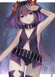 Rule 34 | 1girl, absurdres, armpits, belt, black choker, bracelet, braid, choker, commission, flower, hair flower, hair ornament, hand on own head, highres, jewelry, looking at viewer, mole, mole under eye, nabeno desu, nail polish, purple eyes, purple hair, red nails, revealing clothes, sideless outfit, simple background, smile, solo, symonne (tales), tales of (series), tales of zestiria, thighhighs, twintails