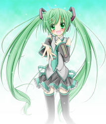 Rule 34 | 1girl, bad id, bad pixiv id, blush, collaboration, colorized, detached sleeves, flat chest, gotou nao, green eyes, green hair, hatsune miku, long hair, matching hair/eyes, mazakura senju, open mouth, outstretched arm, outstretched hand, reaching, solo, thighhighs, twintails, very long hair, vocaloid, zettai ryouiki