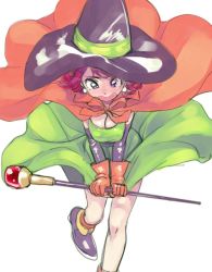 Rule 34 | 1girl, amezawa koma, blush, breasts, cape, cleavage, clothes pull, dragon quest, dragon quest iii, dress, dress pull, earrings, embarrassed, gloves, green dress, hat, holding, holding staff, jewelry, mage (dq3), open mouth, orange cape, orange gloves, purple eyes, red hair, shoes, short hair, solo, staff, sweat, wide-eyed, wind, wind lift, witch hat