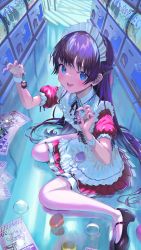 Rule 34 | 1girl, absurdres, apron, atatatatame01, black footwear, blue eyes, blush, charm (object), collared dress, commentary request, cross-laced clothes, dress, flyer, frilled apron, frills, full body, gashapon, gashapon machine, half updo, highres, holding charm, long hair, looking at viewer, maid, maid apron, maid headdress, mary janes, nervous smile, nijisanji, on floor, open mouth, pleated dress, puffy short sleeves, puffy sleeves, purple hair, red dress, shoes, short sleeves, sitting, smile, solo, sweatdrop, thighhighs, tsukino mito, tsukino mito (9th costume), very long hair, virtual youtuber, wariza, white apron, white thighhighs, wrist cuffs