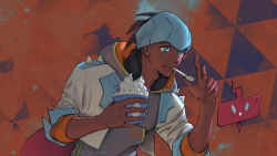 Rule 34 | 1boy, alternate costume, black hair, blue headwear, closed mouth, commentary, commission, creatures (company), cropped jacket, cup, dark-skinned male, dark skin, earrings, english commentary, food, game freak, gen 4 pokemon, go-lurk, green eyes, hands up, holding, holding cup, ice cream, jacket, jewelry, male focus, mouth hold, nintendo, open clothes, open jacket, pokemon, pokemon (creature), pokemon swsh, raihan (pokemon), rotom, rotom phone, short hair, sleeves rolled up, smile, spoon, twitter username, undercut, undershirt, upper body
