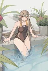 Rule 34 | 1girl, absurdres, arknights, arm support, bare shoulders, black nails, black one-piece swimsuit, breasts, collarbone, commentary, elf, green hair, highres, long hair, looking at viewer, medium breasts, mole, mole under eye, muelsyse (arknights), nail polish, one-piece swimsuit, parted lips, plant, pointy ears, pool, potted plant, sidelocks, solo, swimsuit, togekk0, yellow eyes
