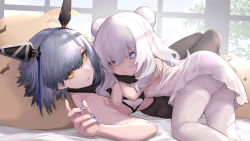 Rule 34 | + +, 2girls, :/, artist name, azur lane, backlighting, black pantyhose, blue eyes, blue nails, breasts, cross-shaped pupils, double bun, dress, gascogne (azur lane), hair bun, halterneck, highres, indoors, le malin (azur lane), le malin (sleepy sunday) (azur lane), long hair, looking at viewer, lying, lying on person, md5 mismatch, multiple girls, nail polish, official alternate costume, on bed, oregano (olgn eao), pantyhose, pillow, resolution mismatch, short hair, signature, small breasts, source larger, sundress, symbol-shaped pupils, thighband pantyhose, white dress, white pantyhose, window, yellow eyes