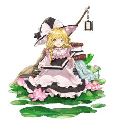 Rule 34 | 1girl, black hat, blonde hair, book, bow, braid, broom, commentary request, flower, frilled hat, frills, hat, hat bow, kaigen 1025, kirisame marisa, lantern, long hair, looking at viewer, open mouth, reading, simple background, sitting, smile, solo, star (symbol), touhou, wetland, white background, white bow, witch hat, yellow eyes