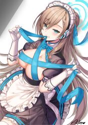 Rule 34 | 1girl, aile (crossroads), asuna (blue archive), blue archive, blue eyes, breasts, cleavage, gloves, highres, large breasts, light brown hair, long hair, maid, mouth hold, ribbon, smile, solo, white gloves