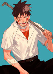 Rule 34 | 1boy, bandaged neck, bandages, bandaid, bandaid on face, belt, black pants, blood, blood on hands, blue background, brown belt, brown hair, collarbone, facial mark, highres, holding industrial pipe, inuzuka kiba, lead pipe, looking to the side, male focus, mirin (coene65), naruto (series), open mouth, orange shirt, pants, shirt, short hair, short sleeves, solo, teeth, white shirt