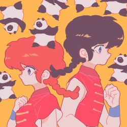 Rule 34 | 1girl, black hair, braid, braided ponytail, breasts, chinese clothes, dual persona, highres, panda, purple eyes, ranma-chan, ranma 1/2, red hair, reed, saotome genma (panda), saotome ranma, small breasts, tangzhuang, yellow background