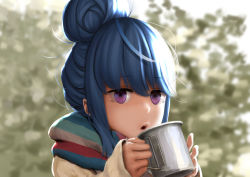 Rule 34 | 1girl, blue hair, blurry, blurry background, cup, day, highres, holding, holding cup, long hair, mug, outdoors, purple eyes, ryohhe, scarf, shima rin, simple background, solo, upper body, yurucamp