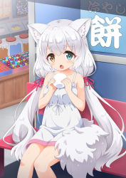 Rule 34 | 1girl, animal ear fluff, animal ears, bench, candy store, dress, eating, heterochromia, highres, long hair, low twintails, open mouth, original, ribbon, shop, sitting, solo, sundress, tail, twintails, very long hair, white dress, white hair, wolf ears, wolf girl, wolf tail, yuuma (skirthike)