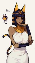 Rule 34 | 1girl, :&lt;, absurdres, animal ears, ankha (animal crossing), bare shoulders, breasts, cat ears, cat girl, cat tail, character name, commentary, dark-skinned female, dark skin, dress, egyptian clothes, ennuigrl, highres, humanization, large breasts, lips, looking to the side, original, personification, purple hair, short hair, simple background, tail, usekh collar, white background, white dress, yellow background