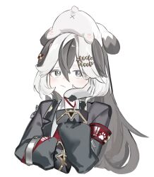 1girl animal animal_on_head armband black_jacket blush closed_mouth coralie_(honkai_impact) cropped_torso dog gloves grey_eyes grey_hair hair_between_eyes hair_ornament hand_up honkai_(series) honkai_impact_3rd jacket long_hair long_sleeves multicolored_hair on_head puffy_long_sleeves puffy_sleeves sho_2nini simple_background solo two-tone_hair upper_body very_long_hair white_background white_gloves white_hair x_anus