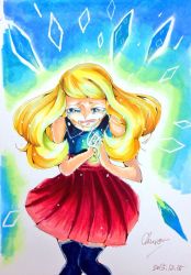 Rule 34 | 1girl, artist request, blonde hair, blue background, blue eyes, creatures (company), crying, crying with eyes open, dated, game freak, mega evolution symbol, multicolored background, nintendo, pokemon, pokemon xy, red skirt, serena (pokemon), shirt, skirt, sleeveless, sleeveless shirt, source request, tears, thighhighs