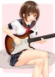 Rule 34 | 1girl, :d, blush, brown eyes, brown hair, electric guitar, fang, guitar, highres, instrument, jack dempa, crossed legs, looking at viewer, music, open mouth, original, playing instrument, pleated skirt, school uniform, serafuku, short twintails, sitting, skirt, smile, solo, fender stratocaster, twintails