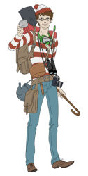 Rule 34 | 1boy, backpack, bag, belt, binoculars, brown hair, camera, cane, facial hair, gb (doubleleaf), glasses, hat, pants, pixiv thumbnail, resized, scuba, shirt, shoes, short hair, shovel, simple background, smile, solo, striped clothes, striped shirt, stubble, wally, where&#039;s wally, white background, worktool