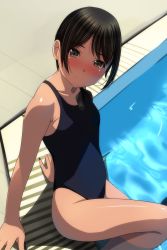 Rule 34 | 1girl, absurdres, arm support, bare arms, bare shoulders, black hair, black one-piece swimsuit, blush, brown eyes, closed mouth, collarbone, feet out of frame, head tilt, highres, looking at viewer, matsunaga kouyou, nose blush, one-piece swimsuit, original, smile, solo, swim cap, unworn swim cap, swimsuit, water