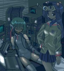 Rule 34 | 00s, 2girls, blue eyes, blue hair, clannad, closed eyes, crossover, green hair, hair bobbles, hair ornament, hand on own hip, hip focus, ichinose kotomi, long hair, lowres, multi (to heart), multiple girls, night-vision device, night vision, oekaki, robot ears, school uniform, scientist, thighhighs, to heart, to heart (series), toshi (little-fluffy-cloud), twintails, two side up