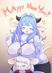 Rule 34 | 2girls, absurdres, animal ears, black bra, black skirt, blue hair, blush, body fur, bra, breast envy, breast rest, breasts, breasts on head, closed eyes, cow ears, cow girl, cow horns, cow tail, earrings, furry, furry female, gloom (expression), hair intakes, happy new year, highres, hoop earrings, horns, id card, index finger raised, jewelry, large breasts, long hair, miniskirt, mouse ears, mouse girl, multiple girls, new year, office lady, open mouth, original, see-through, shirt, single earring, skirt, smile, tail, tears, underwear, v, white hair, white shirt, whooo-ya