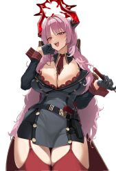 Rule 34 | 1girl, between breasts, black dress, black gloves, blue archive, blush, breasts, chochomi, cleavage, corrupted twitter file, dress, garter straps, gloves, gun, halo, handgun, highres, holding, holding pendulum, horns, large breasts, long hair, long sleeves, looking at viewer, mole, mole on breast, necktie, open mouth, pendulum, pink hair, red necktie, red thighhighs, satsuki (blue archive), simple background, solo, thighhighs, very long hair, weapon, white background