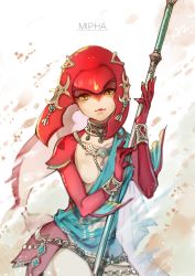 Rule 34 | 1girl, character name, fins, nib pen (medium), highres, holding, holding staff, jushenger, looking at viewer, mipha, nintendo, solo, staff, the legend of zelda, the legend of zelda: breath of the wild, yellow eyes, zora