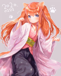 Rule 34 | 1girl, animal ears, blush, cat day, cat ears, cat girl, cat tail, commentary request, dated, dot mouth, feet out of frame, grey background, hakama, haori, highres, japanese clothes, kimono, long hair, looking at viewer, mutou mato, orange hair, original, paw pose, paw print, purple eyes, short kimono, simple background, sketch, solo, tail, wide sleeves