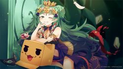 Rule 34 | 1girl, aftergardens, arm support, blue dress, box, braid, clothing cutout, dress, feathers, fire emblem, fire emblem: three houses, green eyes, green hair, hair ornament, highres, leaning forward, long hair, looking at viewer, mask, unworn mask, navel cutout, nintendo, one eye closed, pointy ears, side braid, sothis (fire emblem), standing, throne, tiara, twin braids, twintails, watermark
