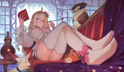 Rule 34 | 1girl, ahoge, animal, ankle ribbon, ass, bird, blonde hair, blouse, blue eyes, book, bow, braid, breasts, chaise longue, couch, creature, crop top, crossed legs, elf, feet, flower, foot focus, foreshortening, frilled thighhighs, frills, front-tie top, glass, hair flower, hair ornament, holding, indoors, knees up, large breasts, leg ribbon, long sleeves, midriff, no shoes, on couch, original, panties, panty peek, pink bow, pointy ears, puffy sleeves, purple panties, reclining, ribbon, see-through, shirt, short shorts, shorts, smoking pipe, thighhighs, underwear, white shirt, white shorts, white thighhighs, witch