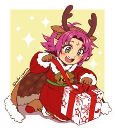 Rule 34 | 1girl, adricarra, antlers, artist name, bell, boots, bow, box, brown gloves, cape, child, facial mark, fae (fire emblem), fae (winter) (fire emblem), fire emblem, fire emblem: the binding blade, fire emblem heroes, forehead mark, fur trim, gift, gift box, gloves, green eyes, happy, horns, long sleeves, nintendo, official alternate costume, open mouth, pointy ears, purple hair, reindeer antlers, short hair, solo
