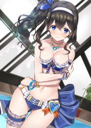 Rule 34 | 1girl, absurdres, alternate hairstyle, armband, bad id, bad pixiv id, bangle, bare shoulders, bikini, black hair, blue bikini, blue bow, blue eyes, blush, bow, bow bikini, bracelet, breasts, breasts squeezed together, character name, cleavage, collarbone, cross-laced bikini, cross-laced bikini bottom, cross-laced clothes, embarrassed, frilled bikini, frilled bikini top, frills, gluteal fold, hair between eyes, hair bow, hairband, heart, heart necklace, highres, idolmaster, idolmaster cinderella girls, idolmaster cinderella girls starlight stage, indoors, jewelry, large breasts, long hair, name tag, navel, necklace, pool, poolside, rei no pool, sagisawa fumika, self hug, side ponytail, sidelocks, star (symbol), star necklace, strapless, strapless bikini, swimsuit, thigh strap, thighs, window, wrist cuffs