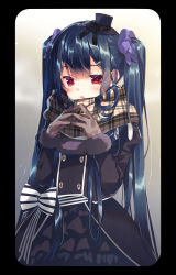 Rule 34 | 1girl, arikawa satoru, black border, black bow, black dress, black hair, black hat, black jacket, border, bow, brown gloves, brown scarf, commentary request, dress, flower knight girl, fur-trimmed sleeves, fur trim, gloves, hair bow, hair ornament, hairclip, hat, hat bow, jacket, long hair, long sleeves, looking at viewer, mini hat, parted lips, plaid, plaid scarf, purple bow, red eyes, scarf, solo, steepled fingers, striped, striped bow, torikabuto (flower knight girl), twintails, very long hair, white bow