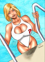 Rule 34 | 1girl, alien, bikini, blonde hair, blue eyes, breasts, carla torres, cleavage, cleavage cutout, climbing, clothing cutout, dc comics, grin, highres, looking at viewer, pool, power girl, shiny skin, short hair, smile, solo, superman (series), swimsuit, thighs, water, white bikini, winchester01