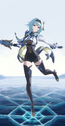 Rule 34 | 1girl, absurdres, black hairband, black shorts, black thighhighs, blue hair, blue sky, cloud, day, eula (genshin impact), frozen lake, genshin impact, gloves, hair ornament, hairband, high-waist shorts, highres, holding, holding sword, holding weapon, juliet sleeves, llami 0, long sleeves, looking at viewer, medium hair, non-web source, outdoors, puffy sleeves, shirt, shorts, sky, solo, standing, sword, thighhighs, thighs, weapon, white shirt, wide sleeves