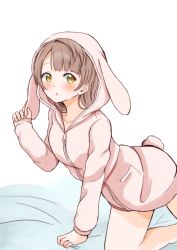 Rule 34 | 10s, 1girl, all fours, animal hood, bare legs, brown hair, collarbone, highres, hood, lilylion26, looking at viewer, love live!, love live! school idol festival, love live! school idol project, minami kotori, pajamas, rabbit hood, rabbit pajamas, rabbit tail, simple background, solo, tail, white background, yellow eyes