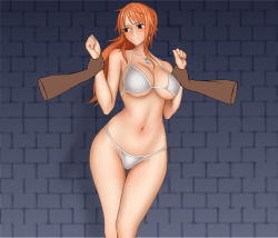 Rule 34 | 1girl, arm grab, bare arms, bare legs, bare shoulders, bikini, blush, breasts, brown eyes, cleavage, clenched hands, closed mouth, curvy, disembodied limb, earrings, groin, hip focus, jewelry, large breasts, legs, legs together, long hair, looking away, nami (one piece), navel, necklace, one piece, orange hair, ponte, ponytail, solo focus, standing, swimsuit, thigh gap, thighs, thong, wall, white bikini