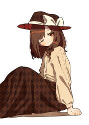 Rule 34 | 1girl, bow, brown eyes, brown hair, brown hat, brown skirt, buttons, closed mouth, hat, hat bow, highres, long sleeves, medium hair, nama udon, one eye closed, puffy long sleeves, puffy sleeves, shirt, simple background, sitting, skirt, solo, touhou, usami renko, white background, white bow, yellow shirt