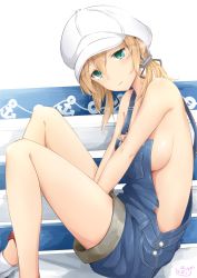 Rule 34 | 10s, 1girl, anchor, anchor hair ornament, anchor print, aqua eyes, bare legs, between legs, blonde hair, breasts, closed mouth, from side, hair between eyes, hair ornament, hand between legs, hat, highres, hoshimiya mashiro, kantai collection, long hair, medium breasts, naked overalls, overalls, prinz eugen (kancolle), shoes, sideboob, sitting, solo, striped, striped background, twintails, white background, white hat
