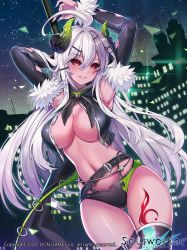 Rule 34 | 1girl, absurdres, breasts, building, colored skin, highres, horns, large breasts, long hair, looking at viewer, maett, night, night sky, official art, pink skin, poison (soul worker), red eyes, sky, smile, solo, soulworker, star (sky), thighhighs, thighs, translation request, white hair